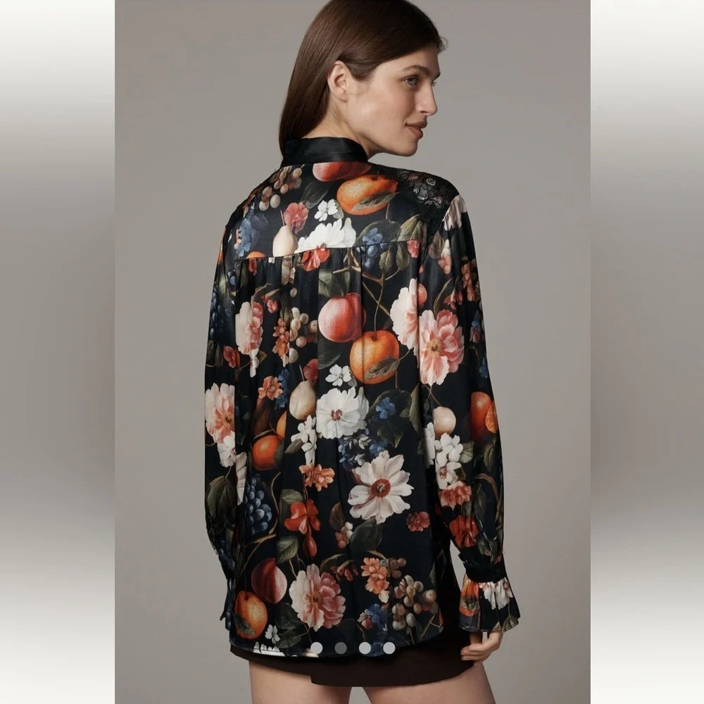 🍀RARE🍀 Anthropologie NWT Maeve Long-Sleeve Lace Silky Tie-Neck Blouse size M. - Picture 3 of 13